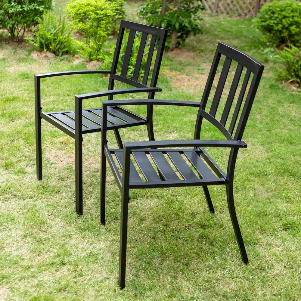 PHI VILLA Black Stackable Modern Metal Patio Outdoor Dining Chair (2-Pack) THD-E02GF030803501-C2