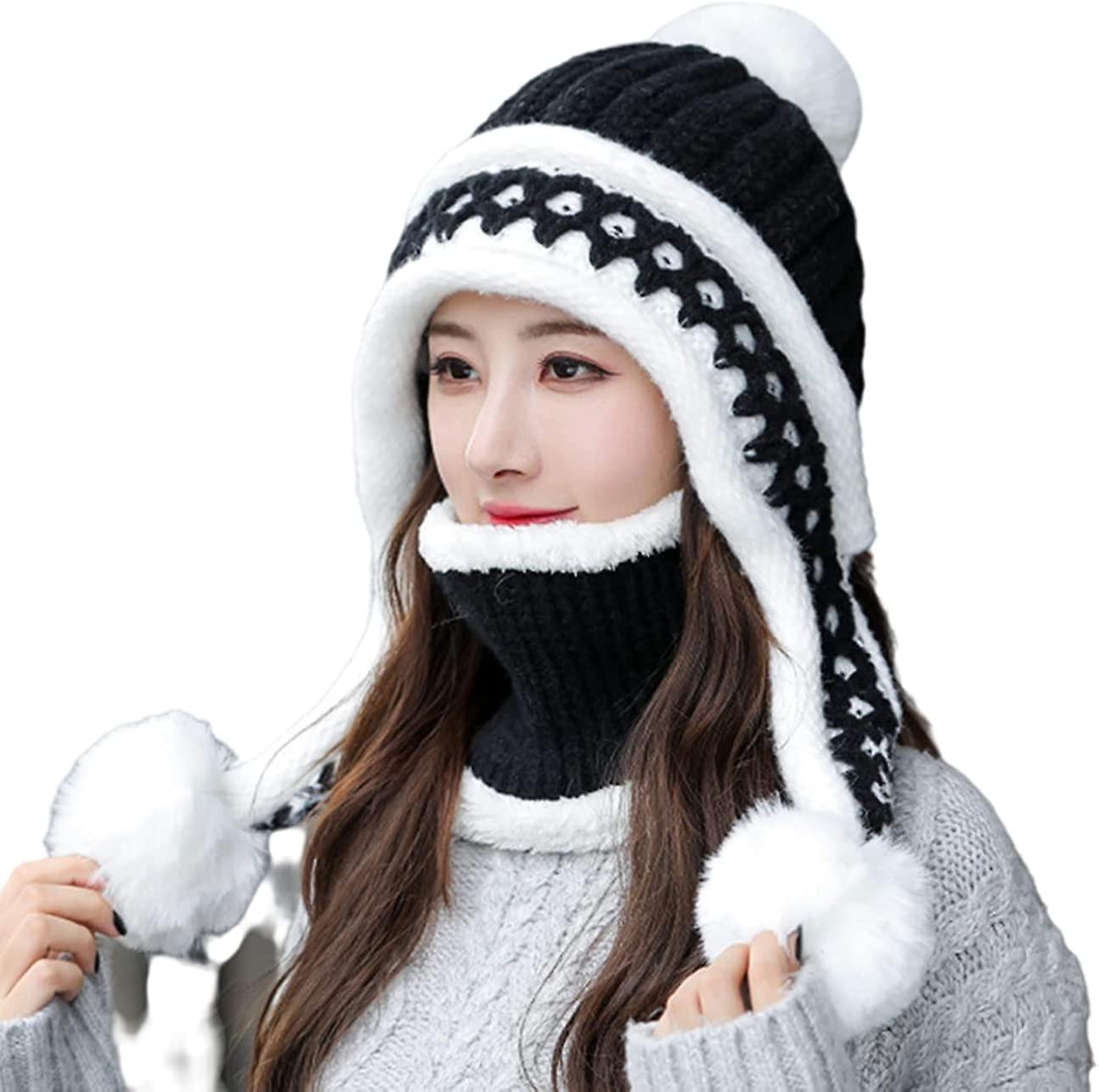 Women Winter Beanie Hat Peruvian Circle Scarf Set Ski Ear Flaps Caps Dual Layered Fleece Lined Pompoms Z15022-black -