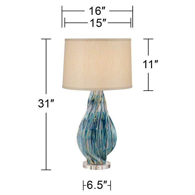 Tall Teal Blue Ceramic With Table Top Dimmer Beige Fabric Drum Shade For Bedroom Living Room Bedside