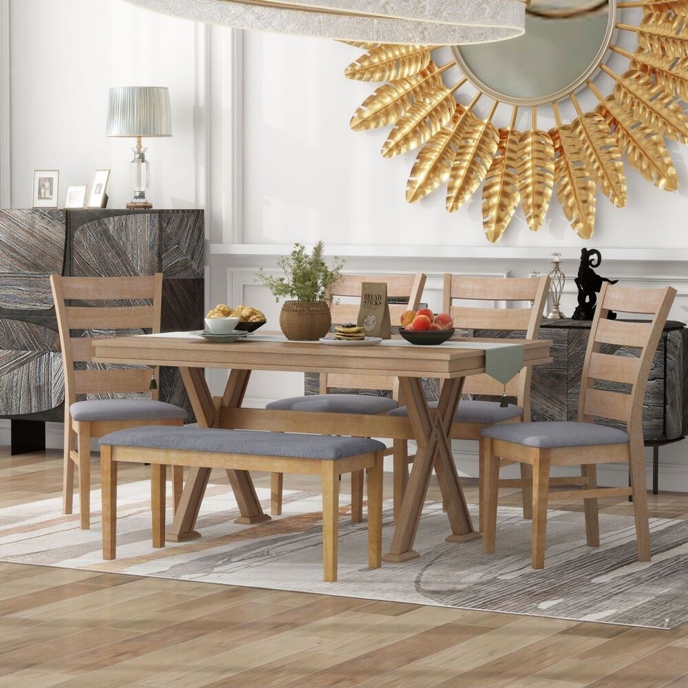 6 Piece Dining Table Set with Unique Legs and 4 Upholstered Chairs   1 Bench