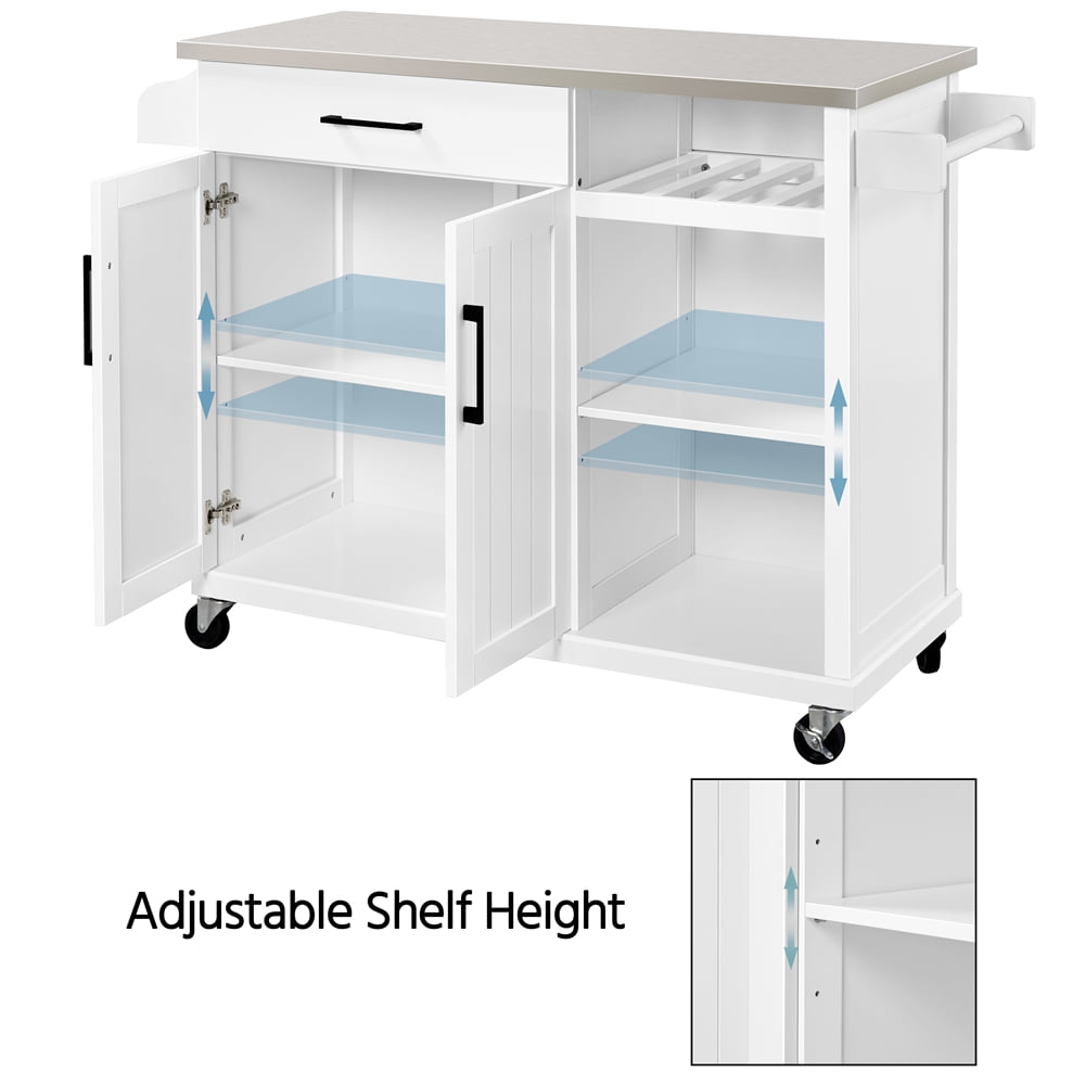 Topeakmart Kitchen Cart with Stainless Steel Top and Storage Kitchen Island on Wheels with Drawer and Cabinet and Open Shelves