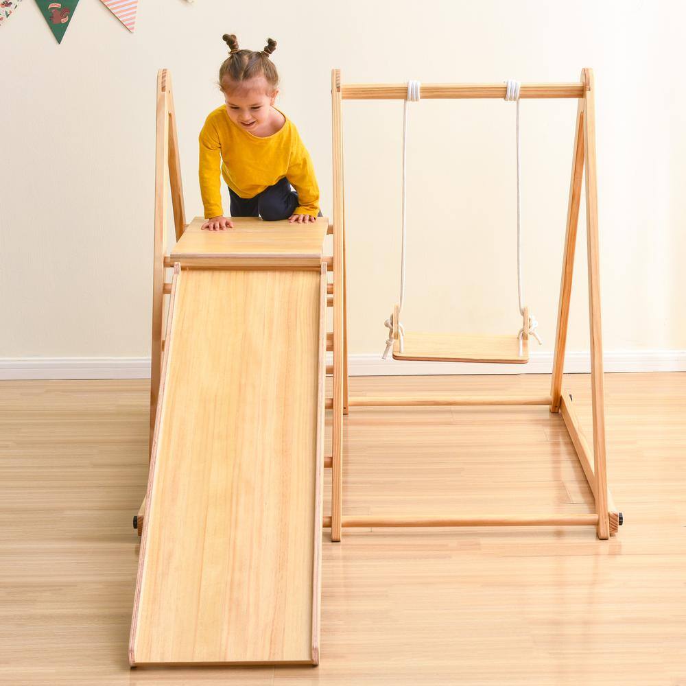 Wood Indoor Swing Set with Rock Climb Ramp for Toddlers LN20232279