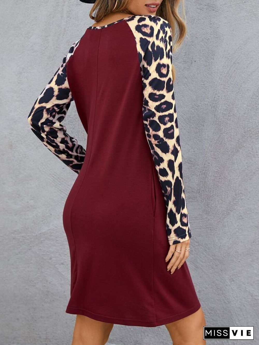 Leopard Print Patchwork Long Sleeve Pocket Casual Dress for Women