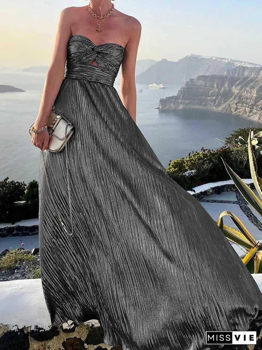 Women High Waist Hollow Out A-Line Sundress Sexy Slim Twist Strapless Summer Cover-Ups New Elegant Bronzing Cocktail Beach Dress