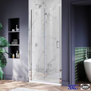 TOOLKISS 32 to 33-38 in. W x 72 in. H Bi-Fold Frameless Shower Doors in Chrome with Clear Glass BFH32CH