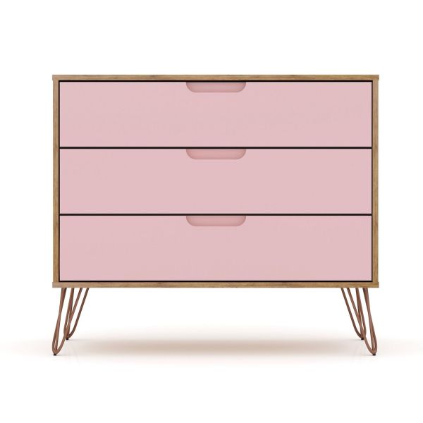 Rockefeller 3 Piece Bedroom Set Tall 5-Drawer Dresser， Standard 3- Drawer Dresser and 2-Drawer Nightstand in Nature and Rose Pink