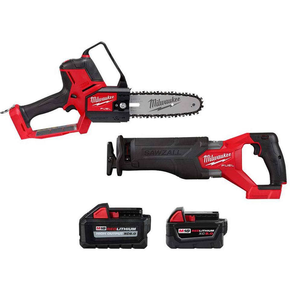 MW M18 FUEL 8 in. 18V Lithium-Ion Brushless Electric Cordless Chainsaw HATCHET wM18 Sawzall 6.0 Ah 5 Ah Battery (2-Tool) 3004-20-2821-20-48-11-1865-48-11-1850