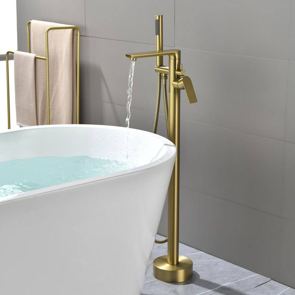 Nestfair Single-Handle Floor-Mount Roman Tub Faucet with Hand Shower in Brushed Gold SMD8008G