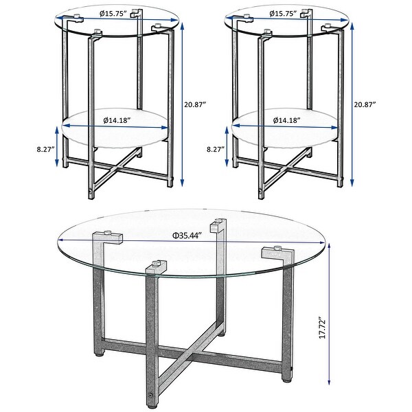 Round Glass Coffee Table End Table Sets of 3 for Living Room， Mordern Black Sofa Side Tables - as picture