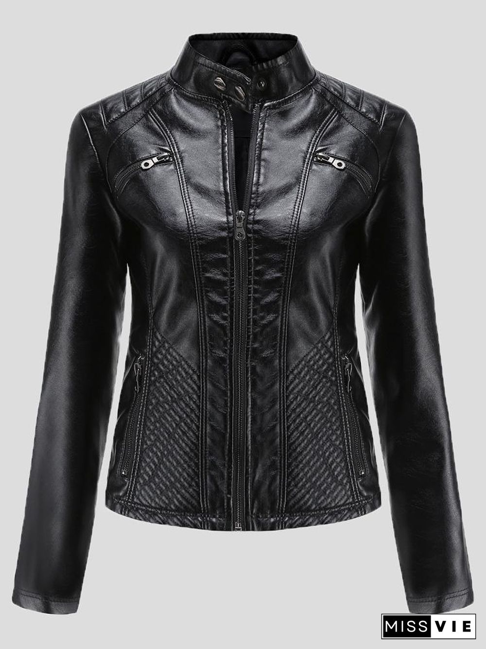 Women's Jackets Casual Stand-Collar Slim Solid Leather Jacket