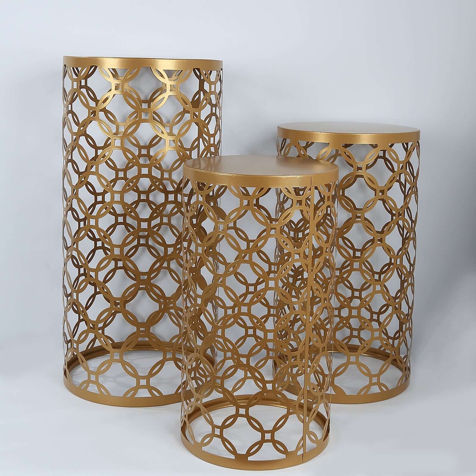 Set of 3 Gold Metal Cylinder Plinth Pedestal Stands, Round Mesh Pillar Cake Display Stand in Hollow Overlapping Circles Pattern - 22