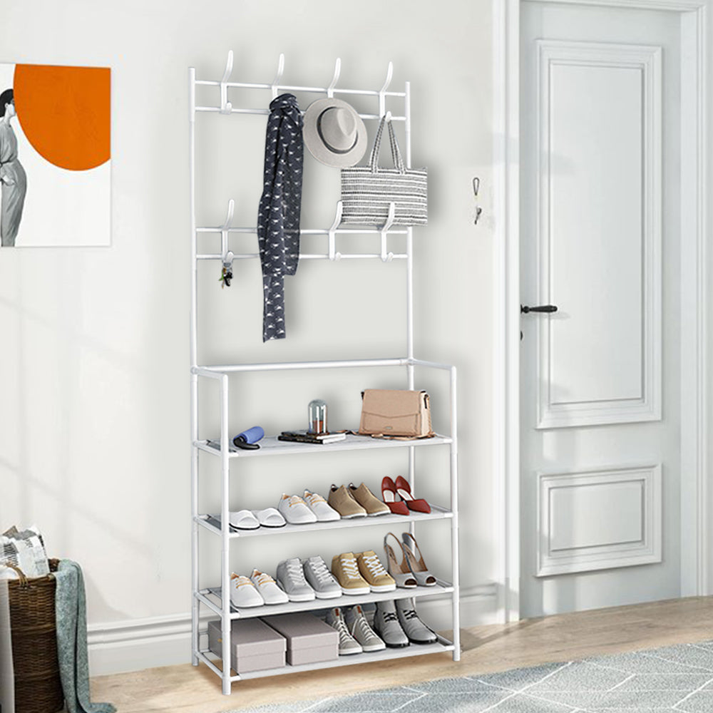 4-Tier Freestanding Coat Rack 3 in 1 Entryway Coat Rack with Shelf Modern Storage Rack with 8 Double Hooks For Bathroom Bedroom Living Room and Small Space， White