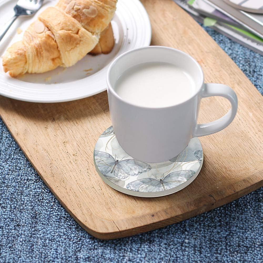 Printed Round Butterflies And Golden Lines On White Ceramic Coasters With Cork-backed For Coffee Drink Cup Mat Absorbent Stone Coaster Set Of 1/2/4