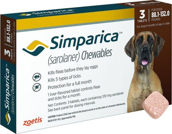 Simparica Chewable Tablet for Dogs， 88.1-132 lbs， (Brown Box)