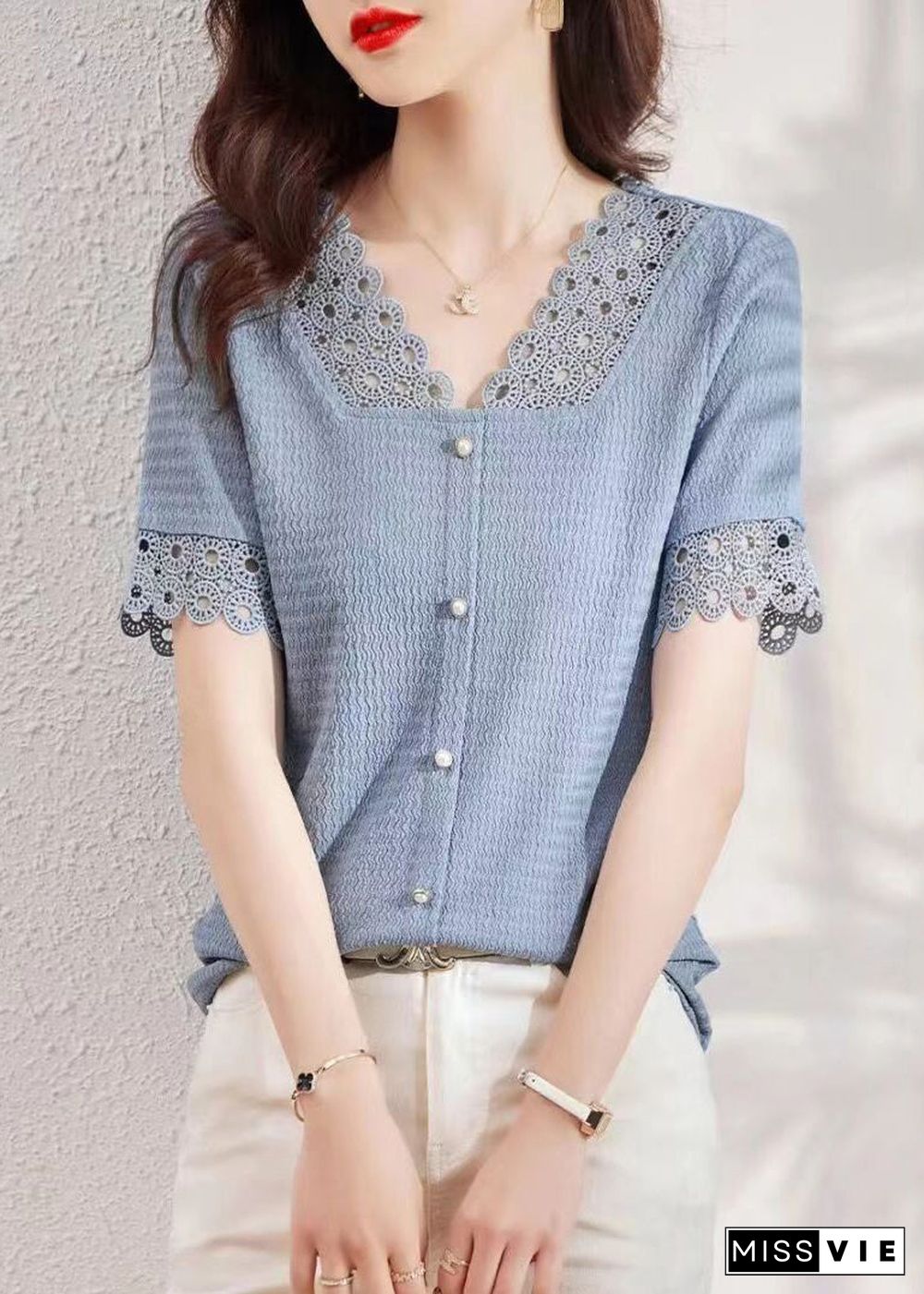 Modern Blue V Neck Hollow Out Lace Patchwork Shirt Summer