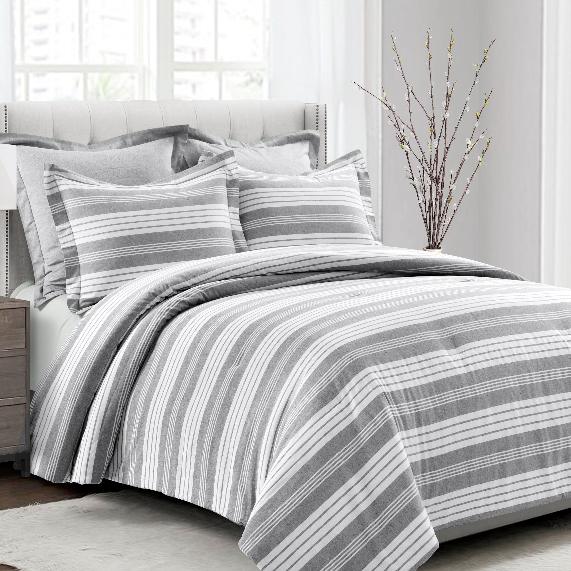 Bedding Bundle: Farmhouse Yarn Dyed Stripe Comforter + Soft Stripe Coverlet