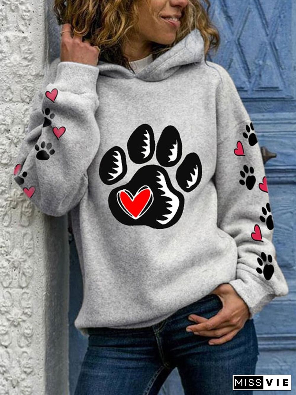 Dog Footprint Heart Print Long Sleeve Hoodie