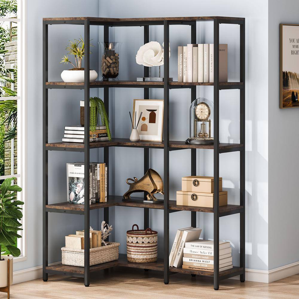 BYBLIGHT Eulas 40.5 in. W Rustic Brown 5-Shelf L-shaped Corner Bookcase with Open Storage BB-JW0242XL