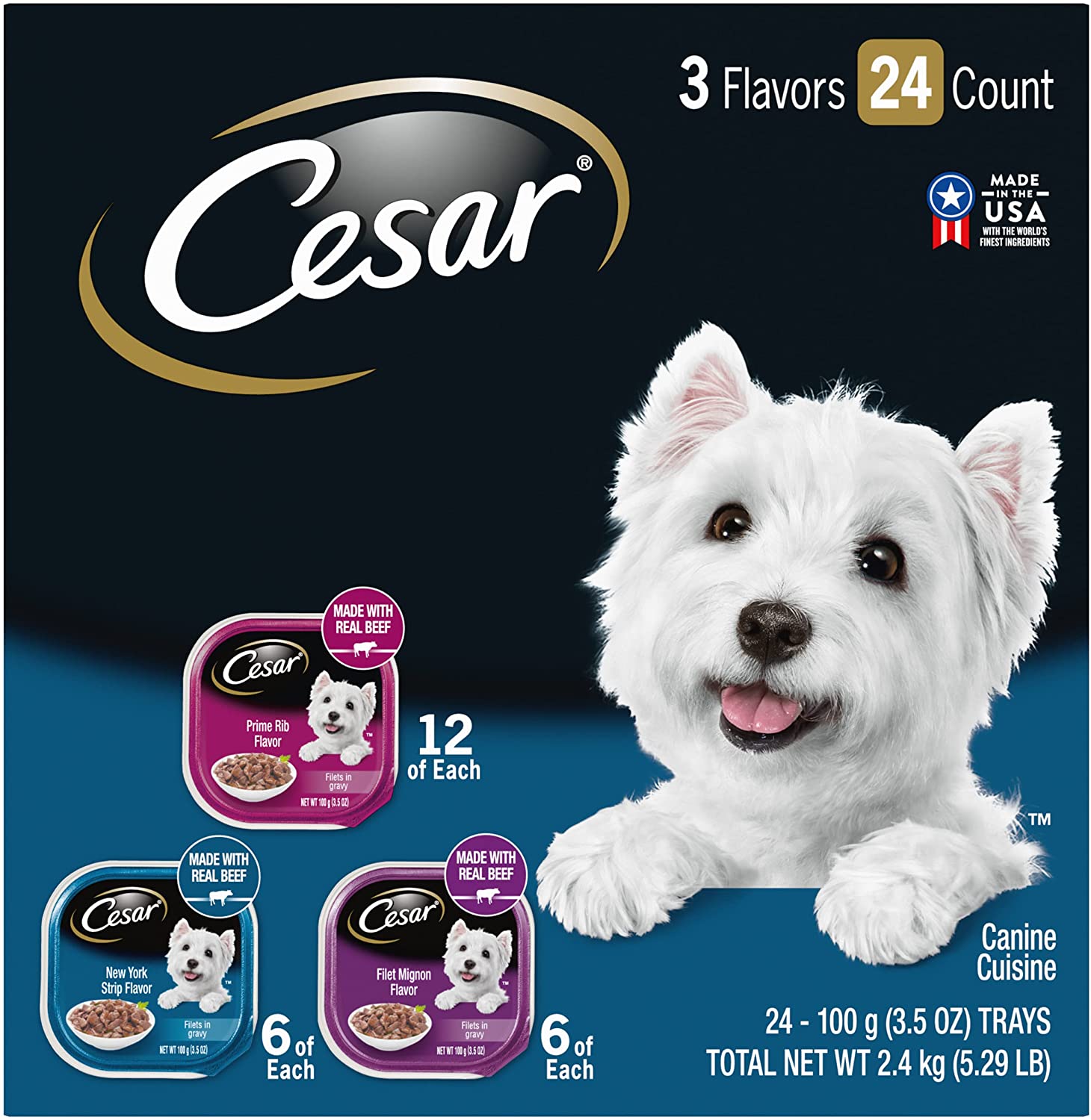 CESAR Adult Soft Wet Dog Food Filets in Gravy Variety Pack， Filet Mignon， New York Strip and Prime Rib Flavors， (24) 3.5 oz. Trays