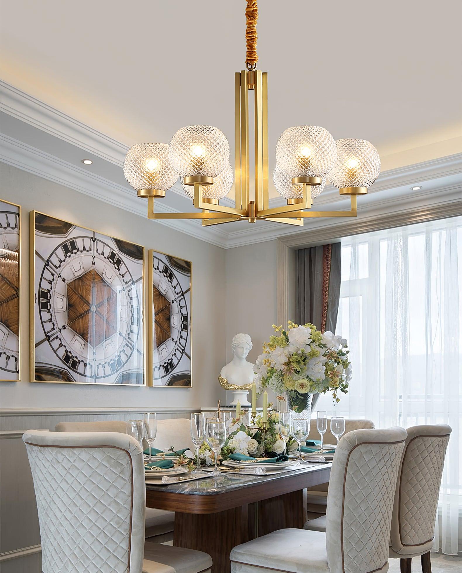 Ribbed Glass Brass Chandelier