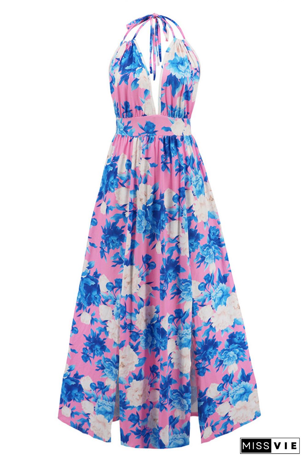 V Neck Halter Backless High Split Floral Maxi Dress