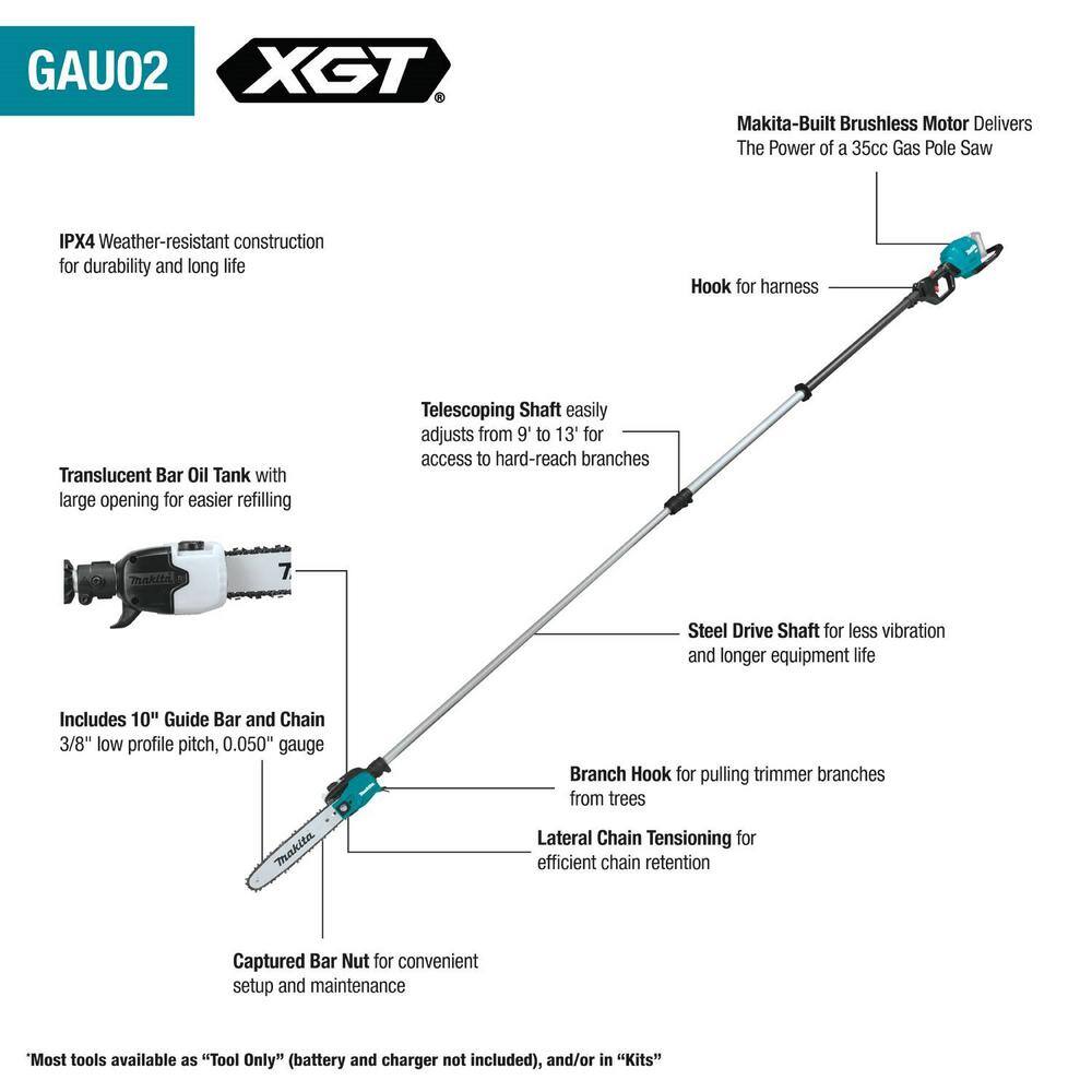 Makita XGT 40V max Brushless Cordless 10 in. Telescoping Pole Saw 13 ft. Length (Tool Only) GAU02Z