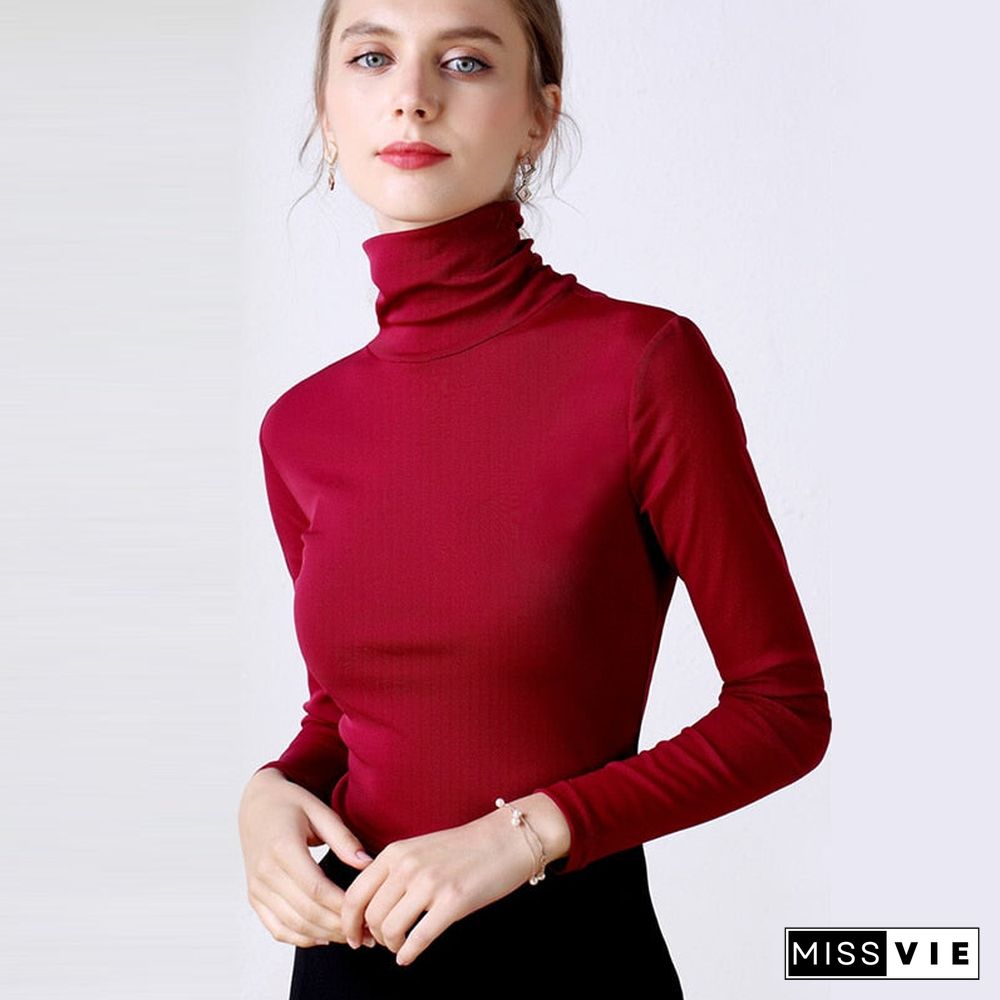 Christmas Gift Turtleneck Blouse Women Basic Knitted Fashion Tops Long Sleeve Women Casual Blusa Femme Slim Ladies Plus Size Red Blue