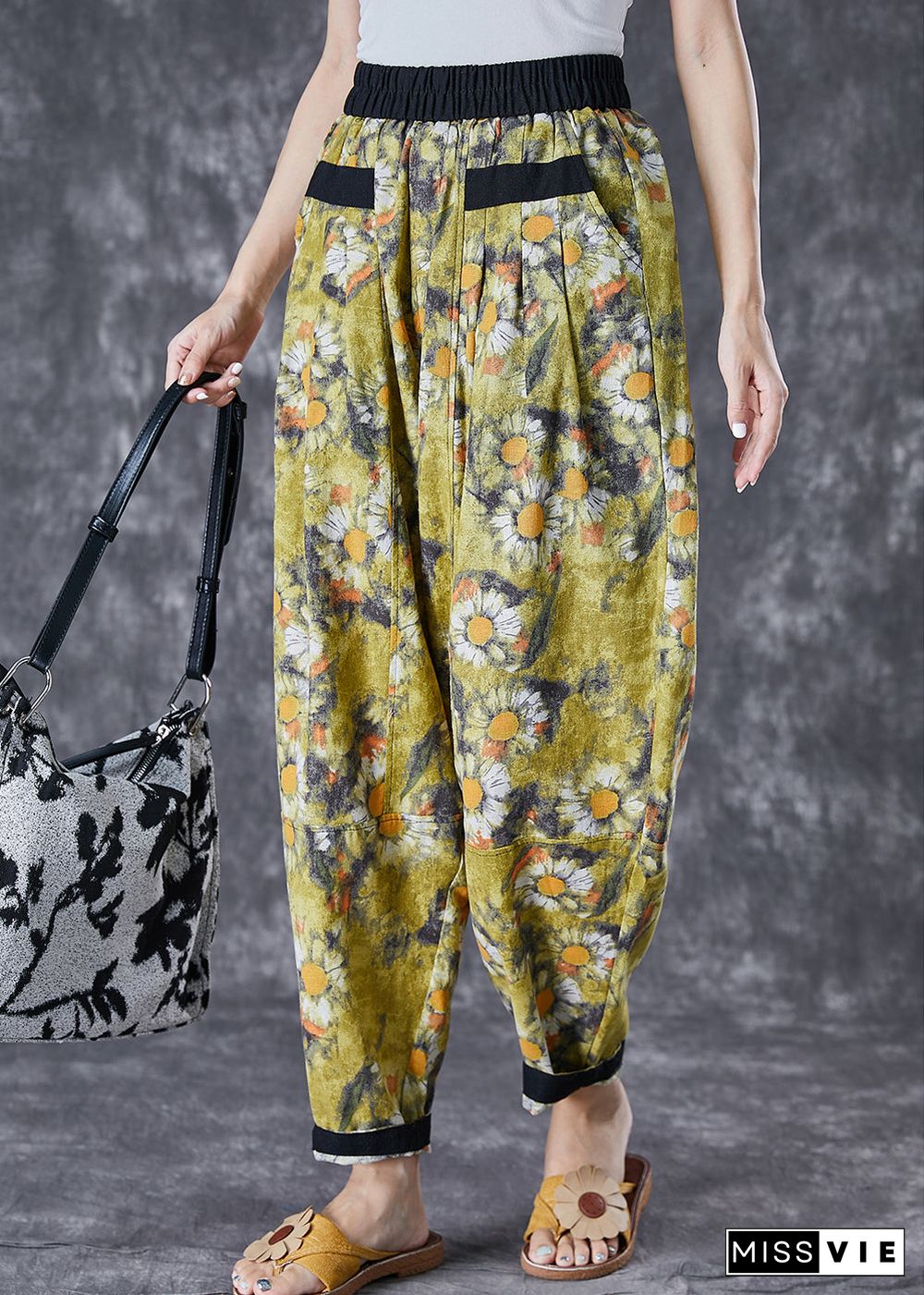 Stylish Green Elastic Waist Patchwork Print Cotton Harem Pants Summer