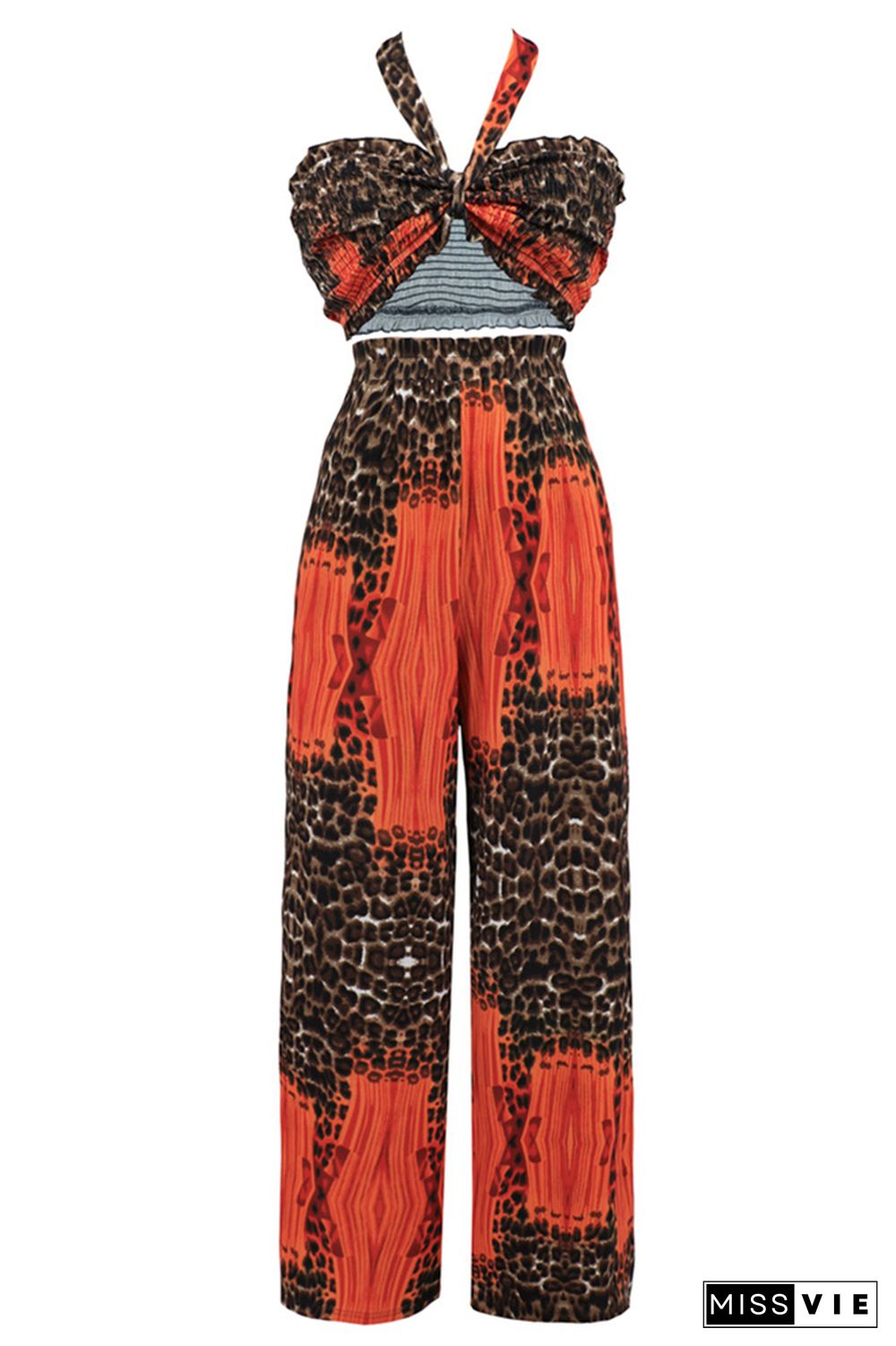 Halter Neck Tube Top and Wide Leg Pants Leopard 2PCS Set