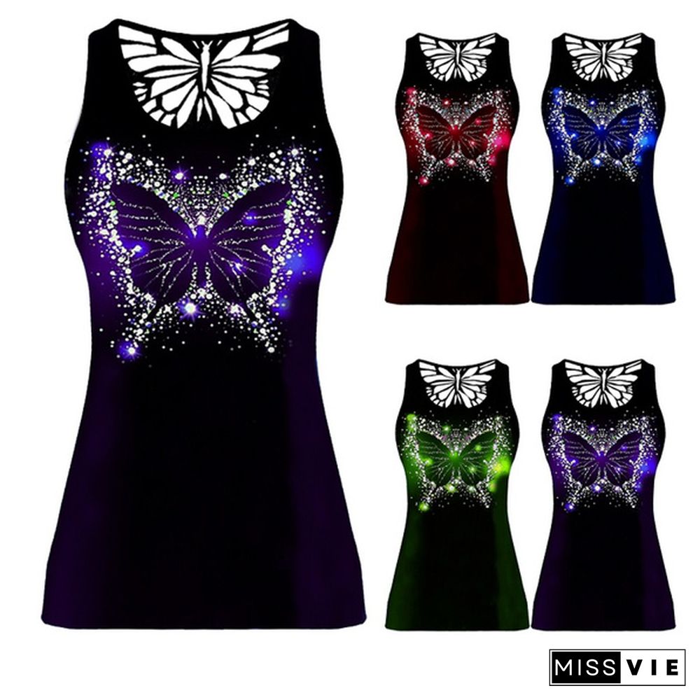 Women Fashion Butterfly 3D Print Sleeveless Shirt New Summer Back Hollow Out Vest Plus Size Tank Tops