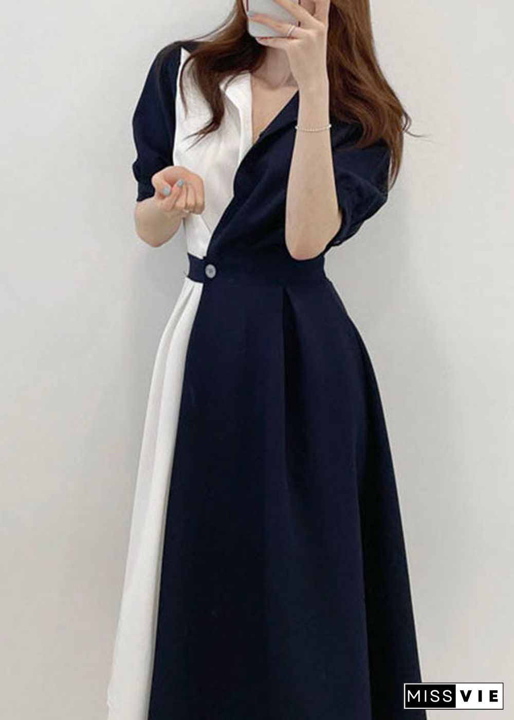 Blue Patchwork Cinched Cotton Maxi Dresses Short Sleeve