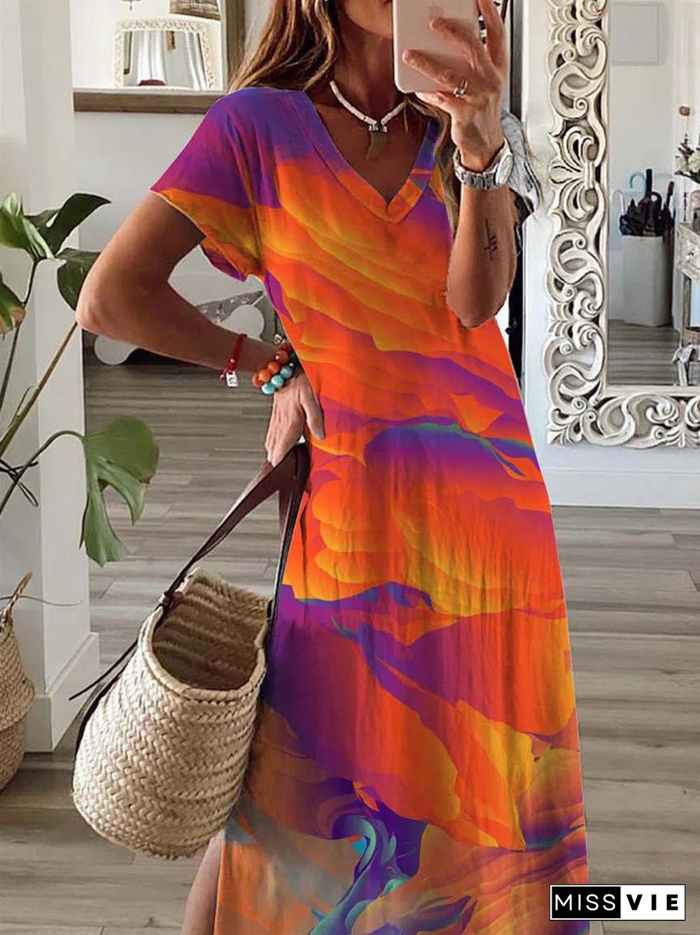 Women'S Dresses V-Neck Multicolor Printed Short Sleeve Slit Dress