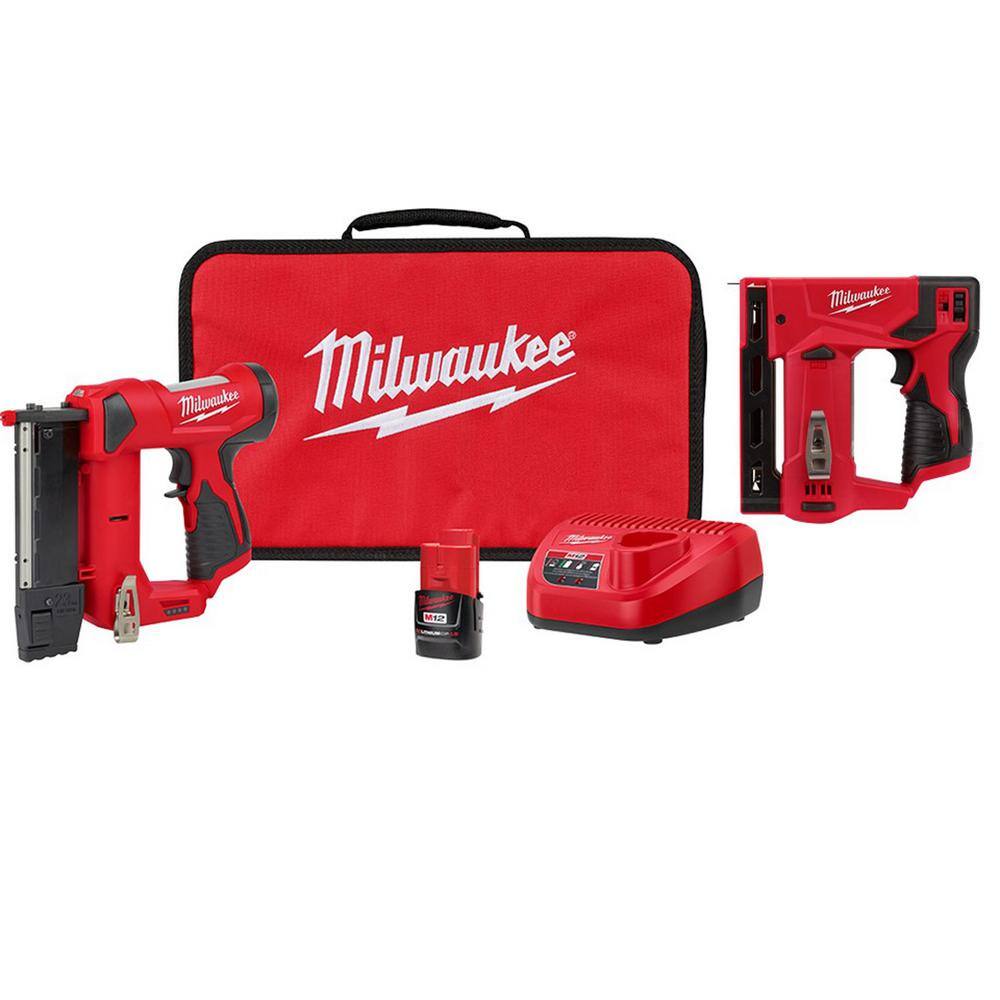 MW M12 12-Volt 23-Gauge Lithium-Ion Cordless Pin Nailer Kit with M12 12-Volt Lithium-Ion Cordless 38 in. Crown Stapler 2540-21-2447-20