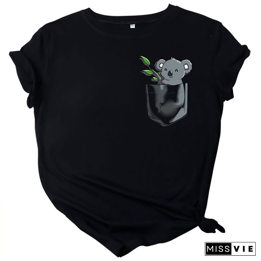 Koala Pocket Print  Round Collar T-Shirt