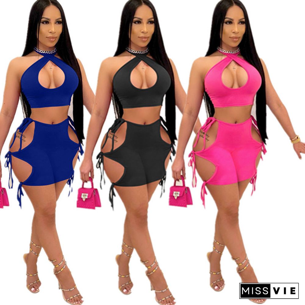 Solid Color Cut Out Bandage Mini Skirts Crop Top 2pcs Matching Set