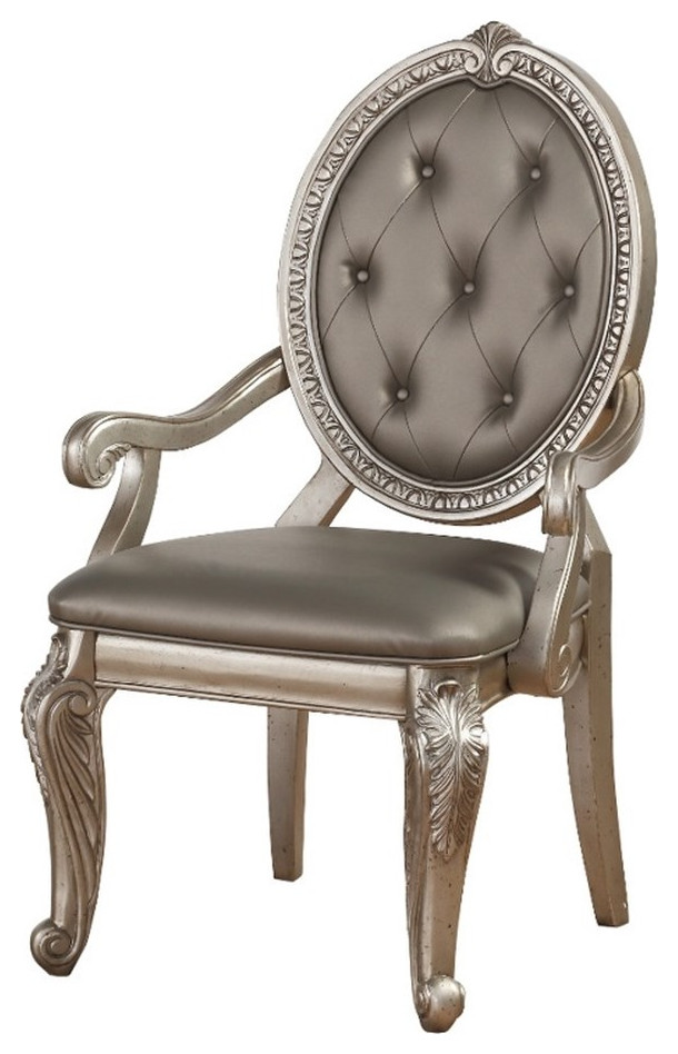 Faux Leather Upholstered Wooden Arm Chair with Carved Details Gold  Set of Two   Victorian   Dining Chairs   by Homesquare  Houzz