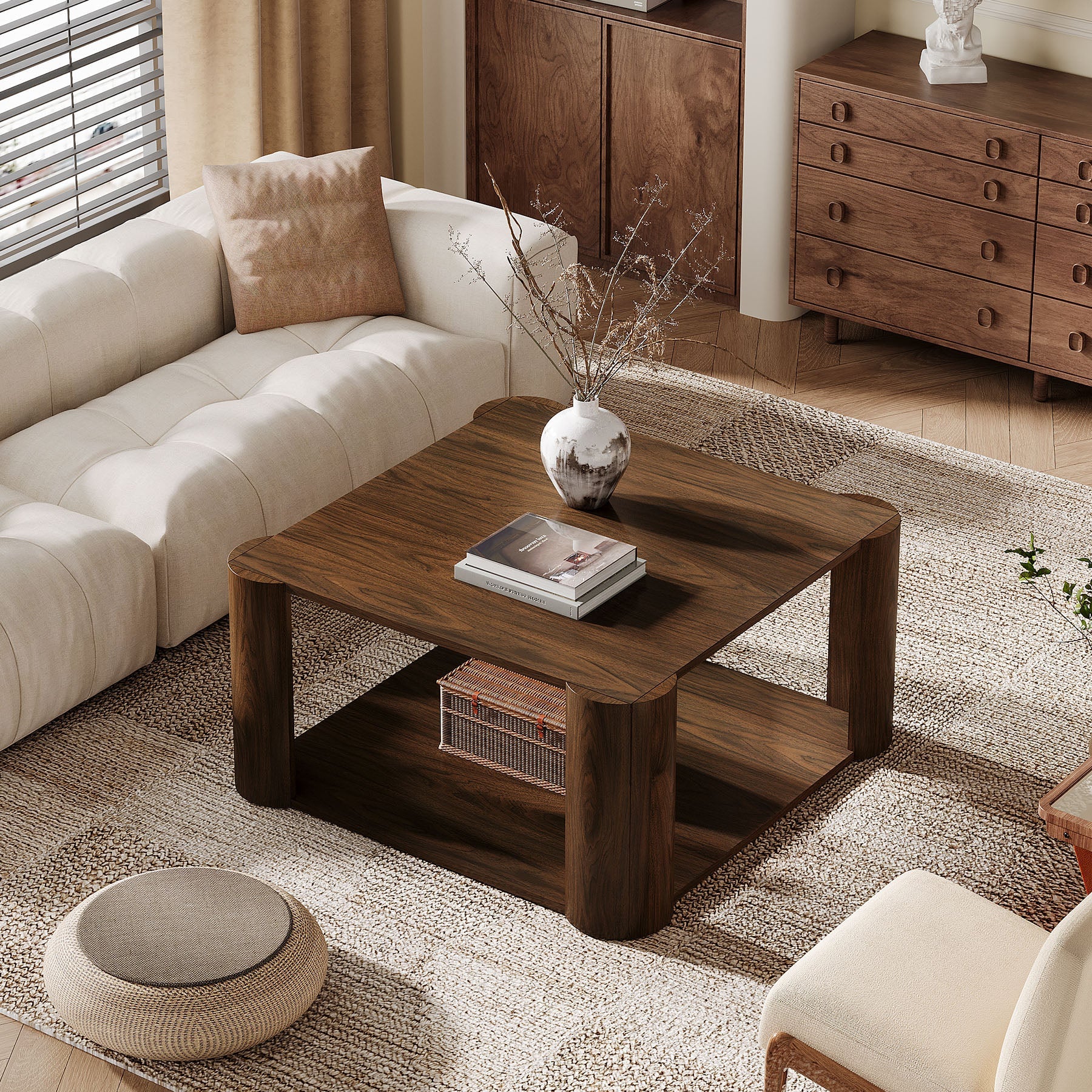 33.8 Coffee Table, Modern Square Center Table with 2-Tier Shelves