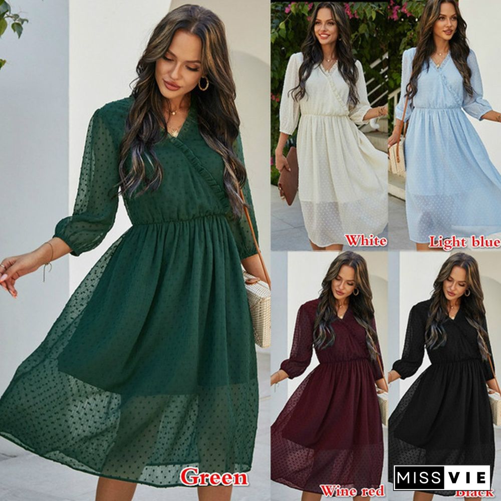 Spring and Summer Women Fashion Chiffon Dress V-neck Middle Sleeve Slim Waist Dress Long Skirt (5 Colors)