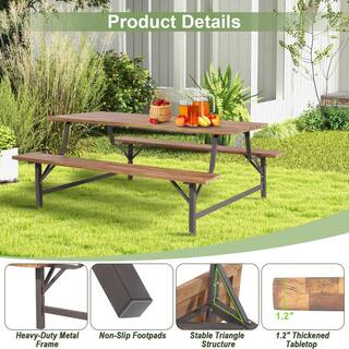 HONEY JOY 71 in. Wood Outdoor Picnic Table Bench Set Camping Table Set with Wood Tabletop and Seat 2 in. Umbrella Hole TOPB006624