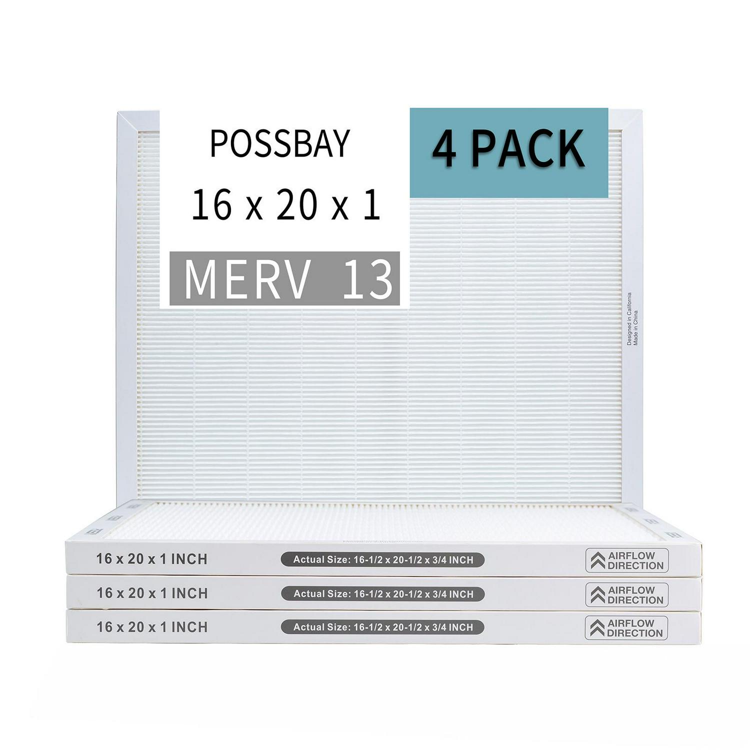 Possbay 16x20x1 MERV 13 Air Filter，4 Pack For AC Furnace Pleated Replacement HVAC System Reduce Dust