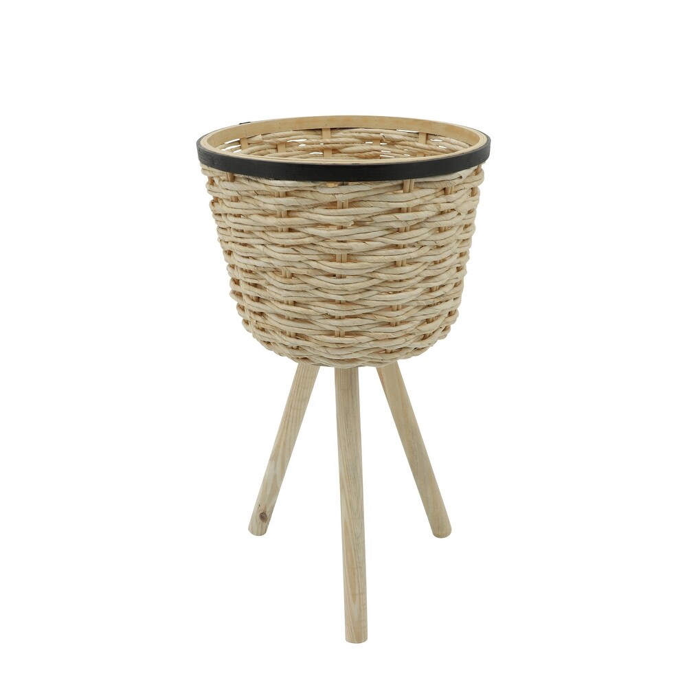 Natural Bamboo Wicker Planters on Solid Wood Tripod Legs (Set of 2)   13.0\