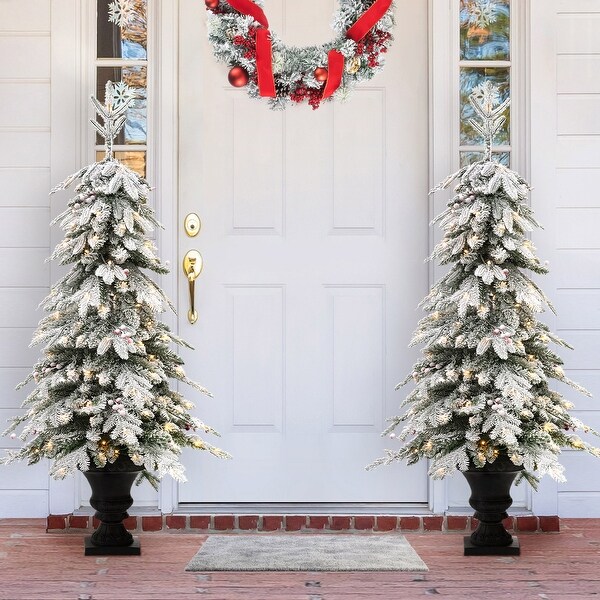 Glitzhome 4FT/5FT PreLit Flocked Fir Artificial Christmas Potted Porch Trees