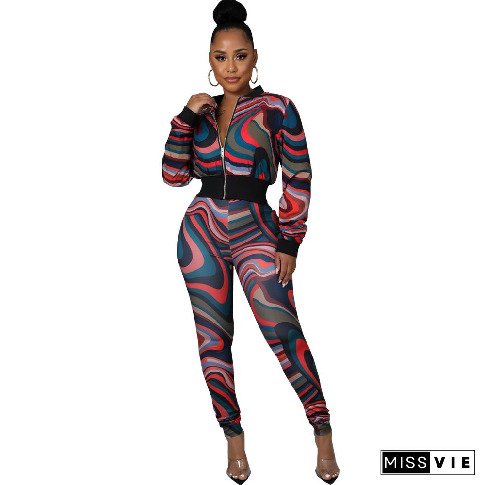 Printed Long Sleeve Zipper Jacket And Pant Suits