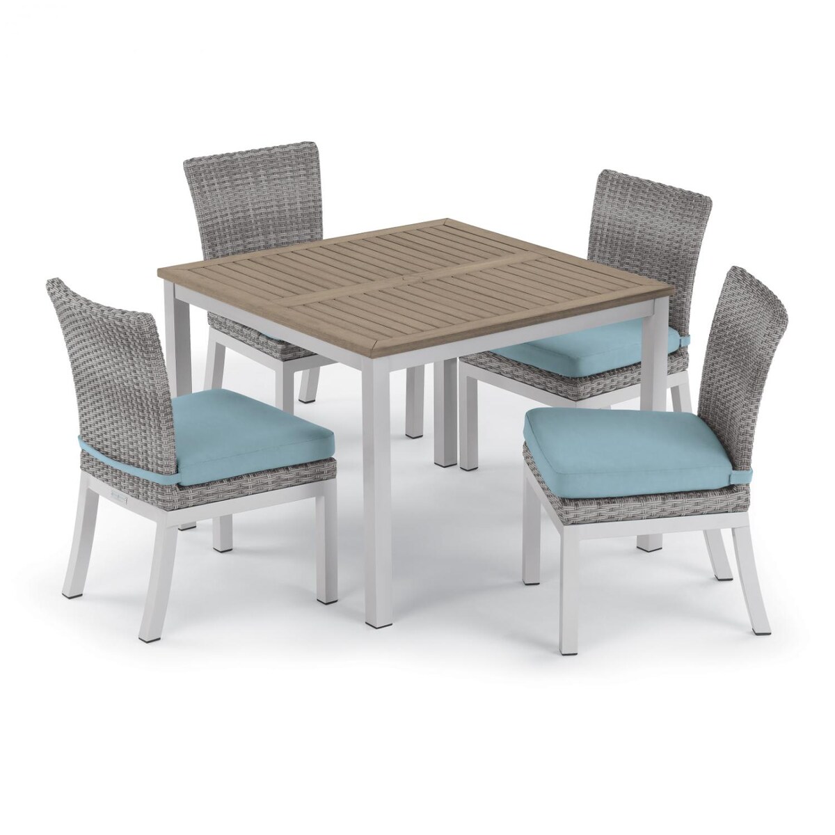 Argento 5 Piece Wicker Patio Dining Set W/ 39 Inch Square Tekwood Vintage Table， Side Chairs and Ice Blue Cushions By Oxford Garden