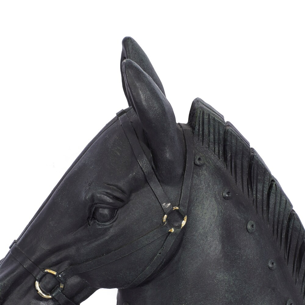 Black Polystone Antique Style Head Horse Sculpture with Hitching Post and Gold Accents   9 x 6 x 12