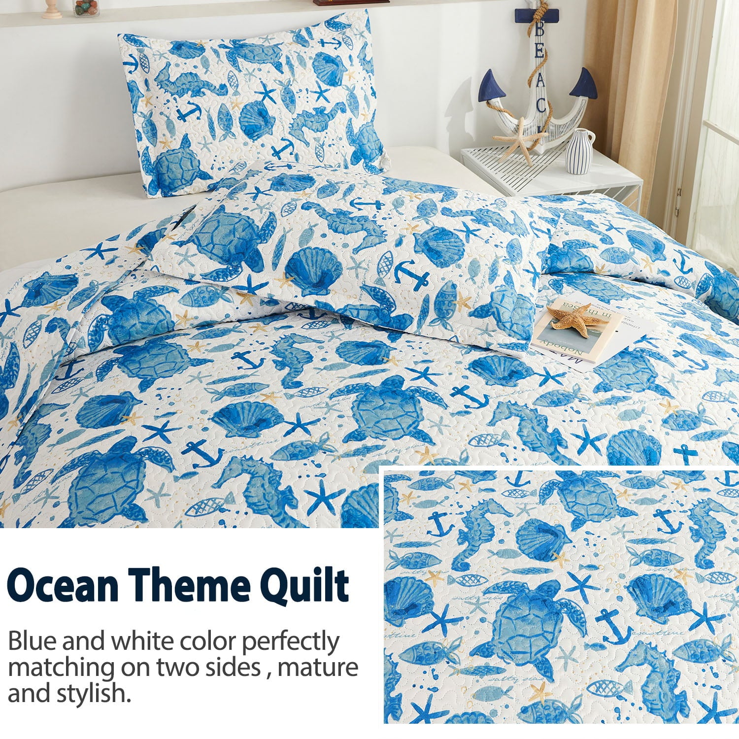 Jessy Home Ocean Quilt Queen/Full Blue Turtle Bedding Microfiber Bedspread Coverlet Set