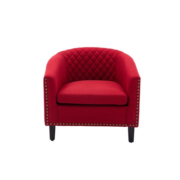 Modern Accent Barrel Chair with Nailheads， Wood Legs and Chrome Nailhead Trim， Living Room Chair with Curved Edges， Red