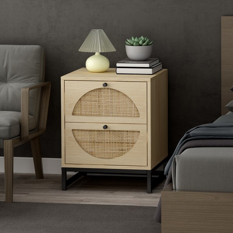 Rattan Design Nightstand with 2 Drawers (Set of 2)