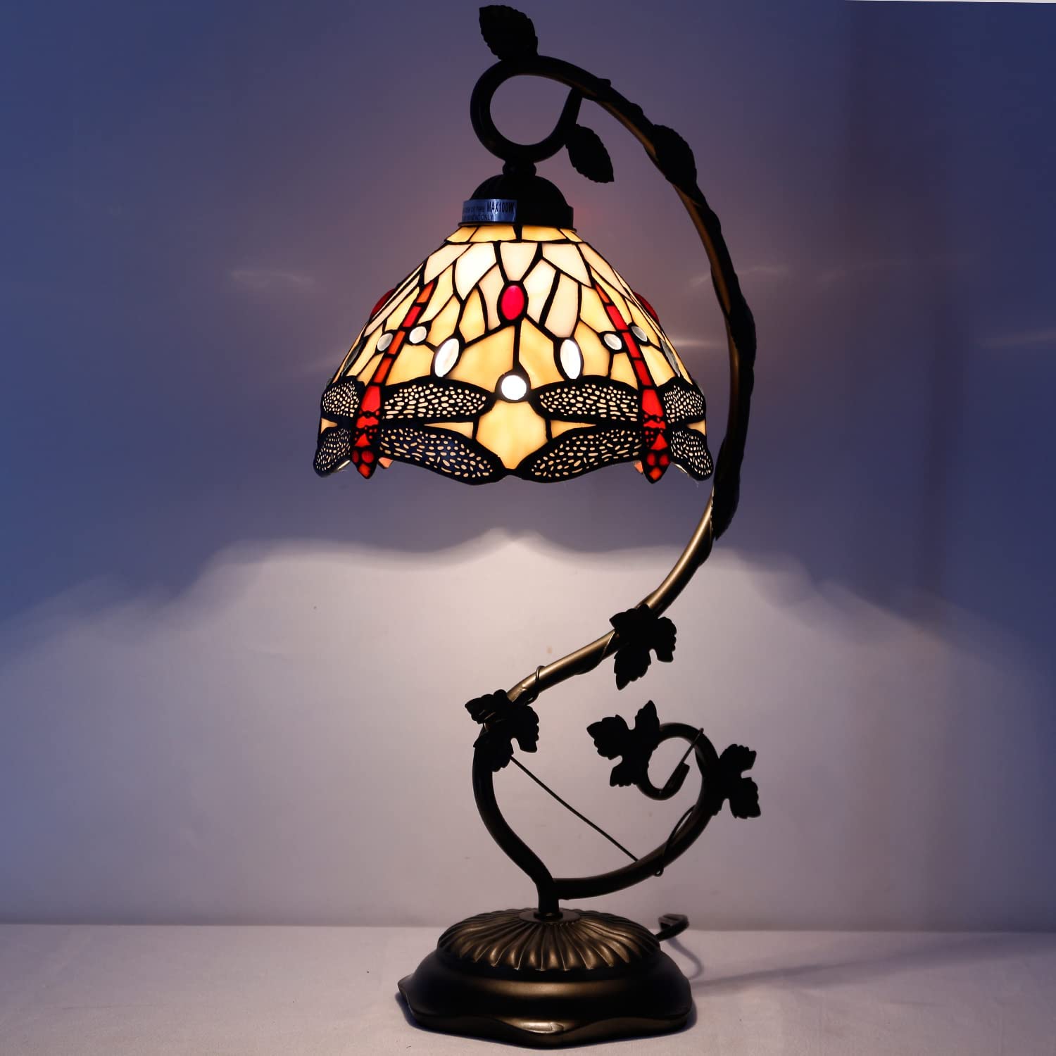 SHADY Tiffany Style Lamp Amber Stained Glass Dragonfly Table Lamp  Metal Leaf Base 8X10X21 Inches Desk Light Decor Small Space Bedroom Home Office S557 Series