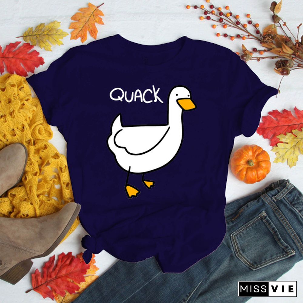 Cute Duck Quack Print T-shirts For Women Summer Lovely Short Sleeve Casual T-shirts Funny Ladies Round Neck Tops